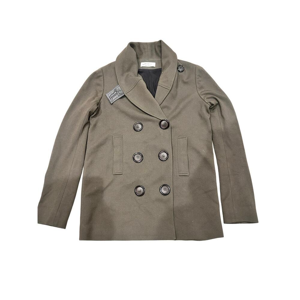 Bailey 44 Olive Double Breasted Jacket Leather Trim Military Peacoat M